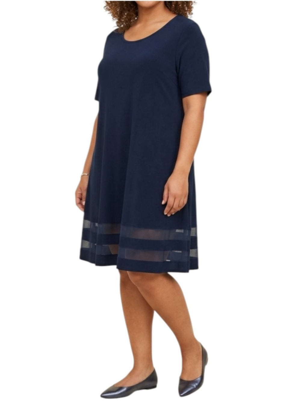 Sympli Short Sleeve Dress with Sheer Hem Stripes Navy Blue Size 2G Or 26